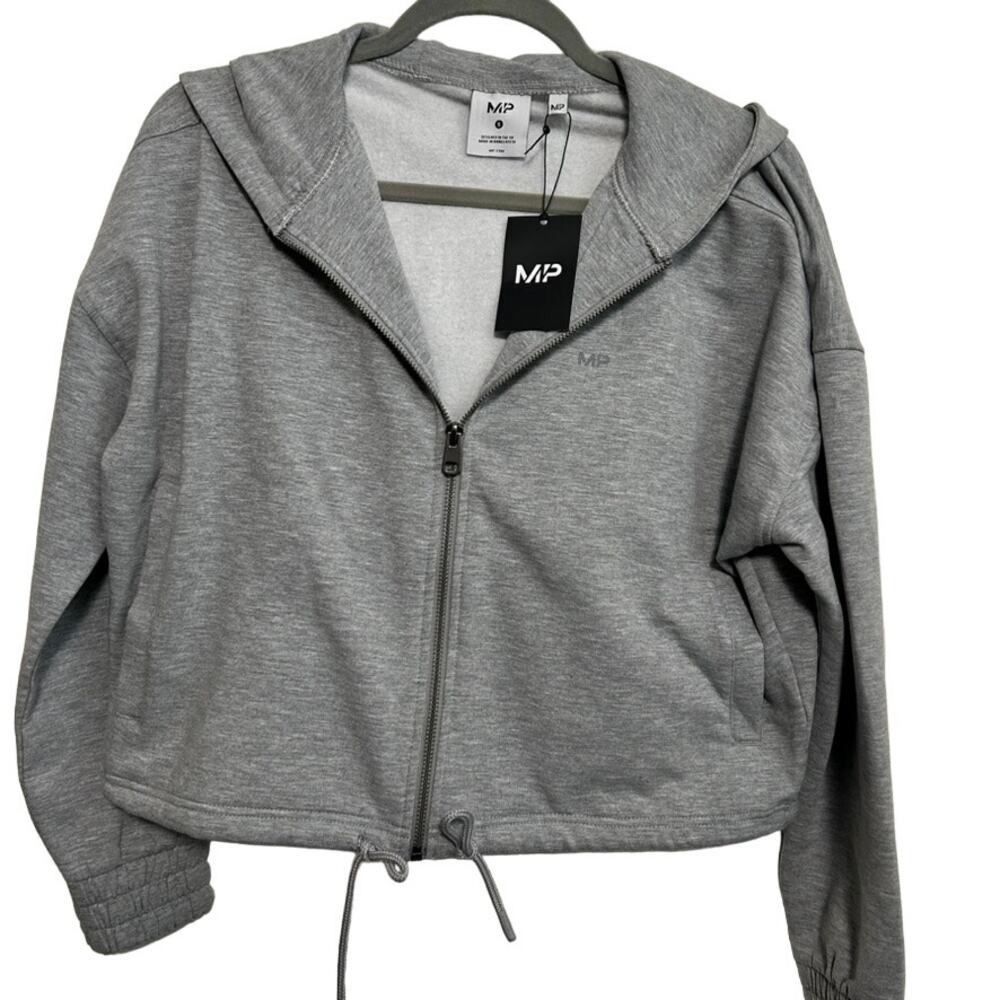 New MP Myprotein Cropped Zip Hoodie Gray Marl Drawstring Athleisure S Stretch